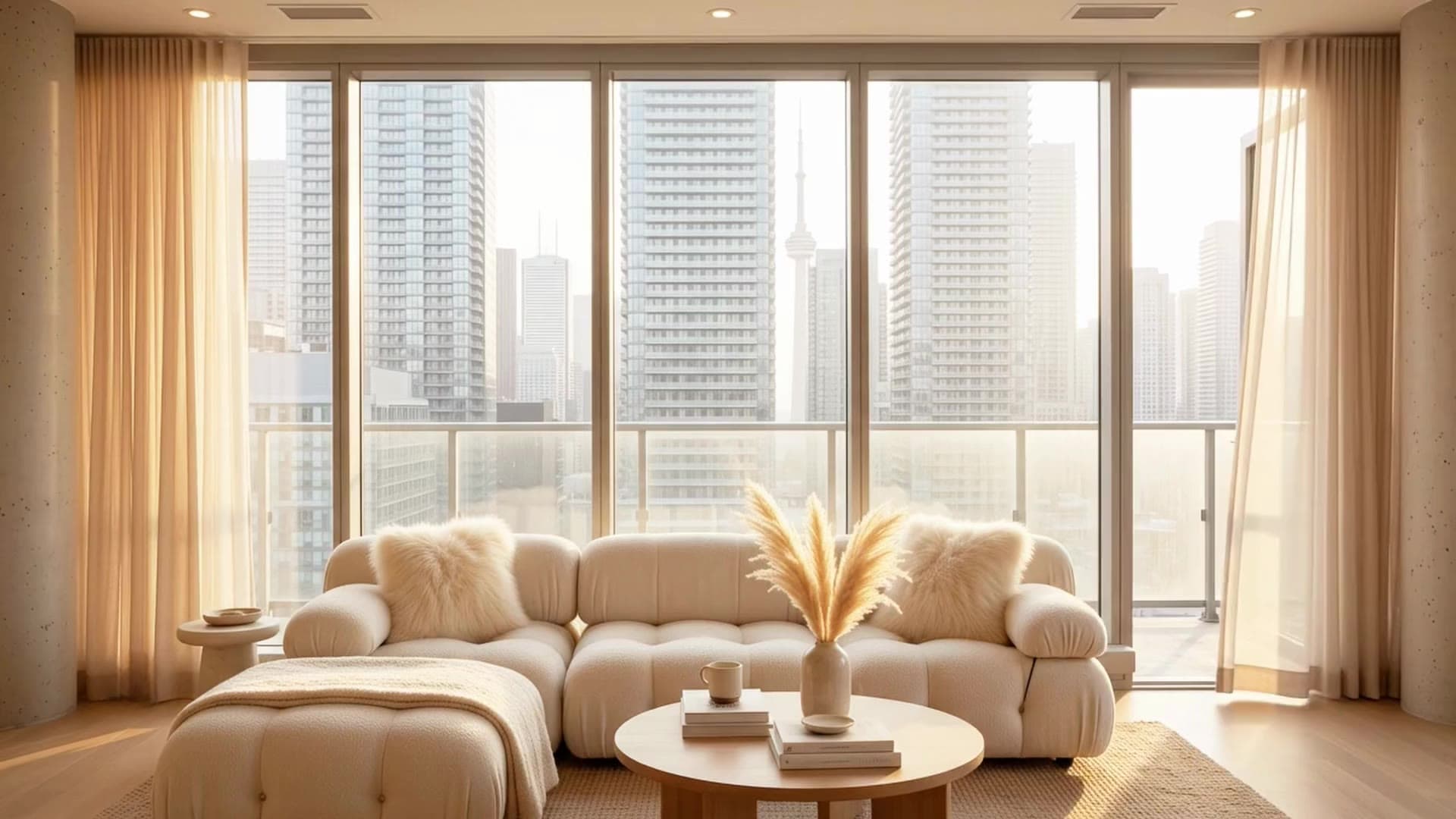 A bright living room with floor to ceiling windows over the Toronto skyline